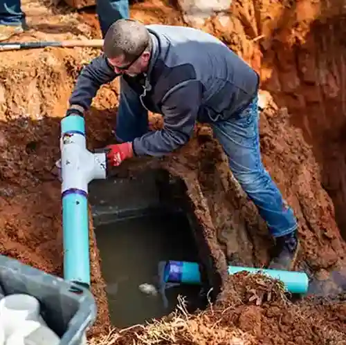 man working on exposed pipe in ground